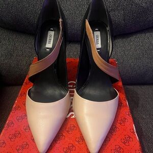 Guess Two-Tone Black and Cream Heels with Tan Strap